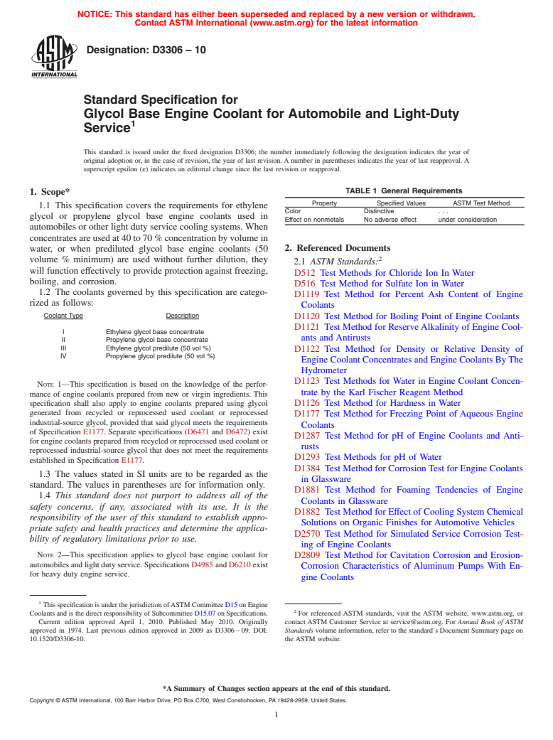 ASTM D3306-10 - Standard Specification for Glycol Base Engine Coolant for Automobile and Light-Duty Service