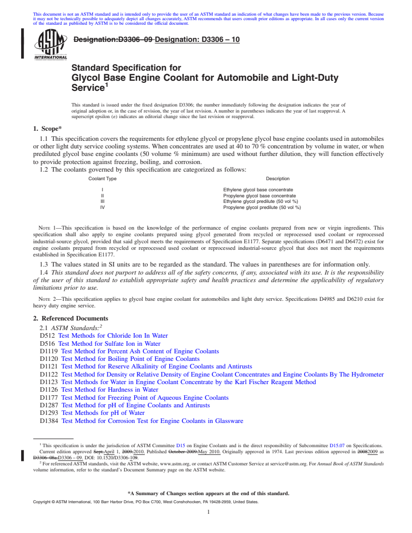 REDLINE ASTM D3306-10 - Standard Specification for Glycol Base Engine Coolant for Automobile and Light-Duty Service