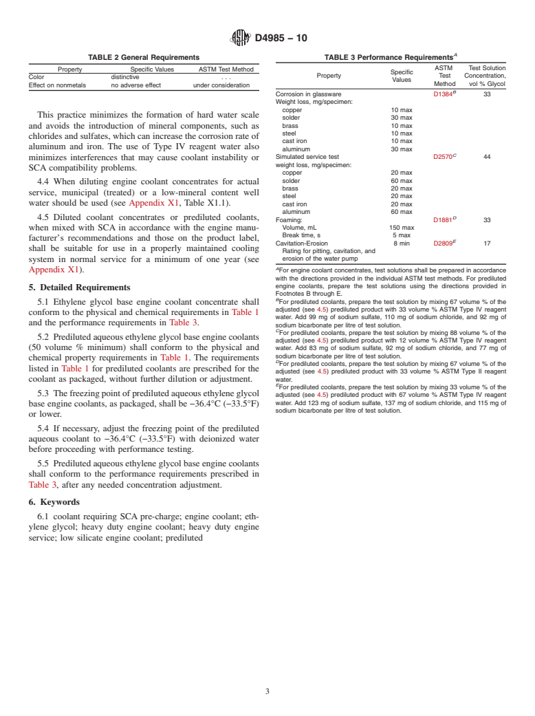 ASTM D4985-10 - Standard Specification for Low Silicate Ethylene Glycol Base Engine Coolant for Heavy Duty Engines Requiring a Pre-Charge of Supplemental Coolant Additive (SCA)