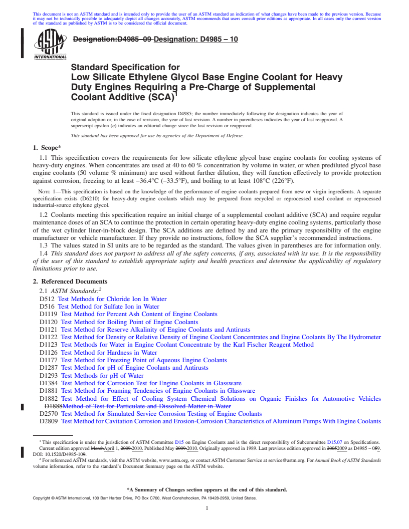 REDLINE ASTM D4985-10 - Standard Specification for Low Silicate Ethylene Glycol Base Engine Coolant for Heavy Duty Engines Requiring a Pre-Charge of Supplemental Coolant Additive (SCA)