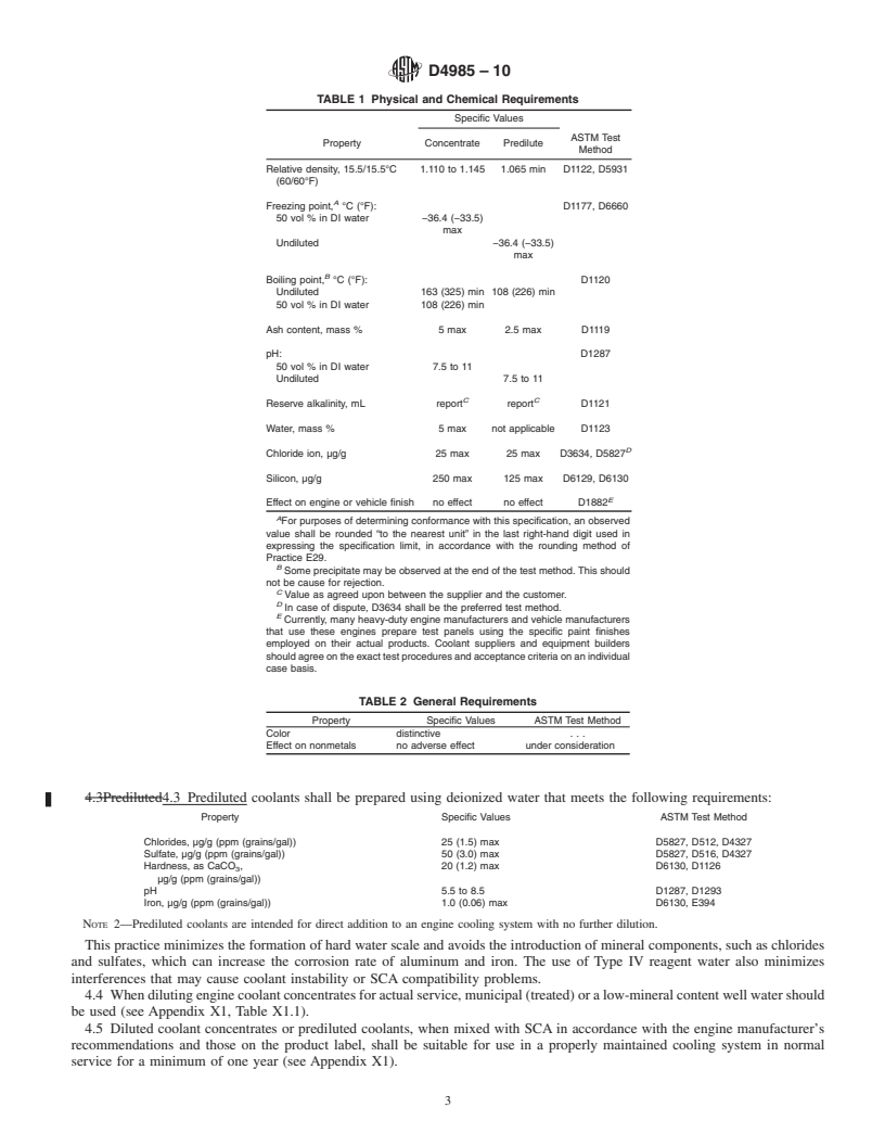 REDLINE ASTM D4985-10 - Standard Specification for Low Silicate Ethylene Glycol Base Engine Coolant for Heavy Duty Engines Requiring a Pre-Charge of Supplemental Coolant Additive (SCA)