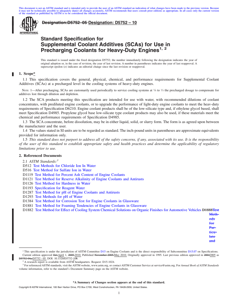 REDLINE ASTM D5752-10 - Standard Specification for Supplemental Coolant Additives (SCAs) for Use in Precharging Coolants for Heavy-Duty Engines