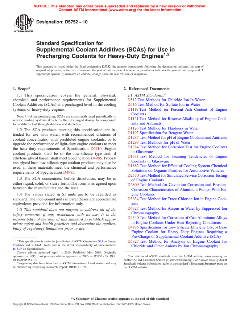 ASTM D5752-10 - Standard Specification for Supplemental Coolant Additives (SCAs) for Use in Precharging Coolants for Heavy-Duty Engines