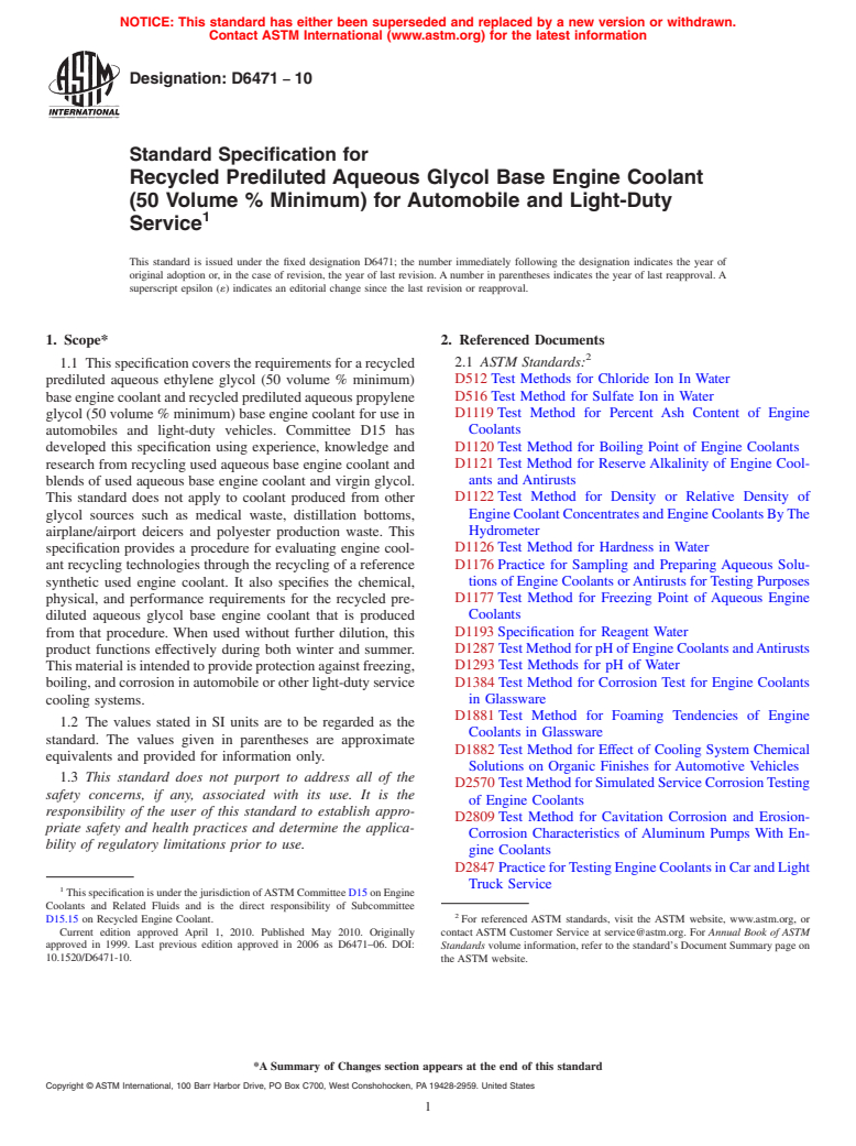 ASTM D6471-10 - Standard Specification for Recycled Prediluted Aqueous Glycol Base Engine Coolant (50 Volume % Minimum) for Automobile and Light-Duty Service (Withdrawn 2019)