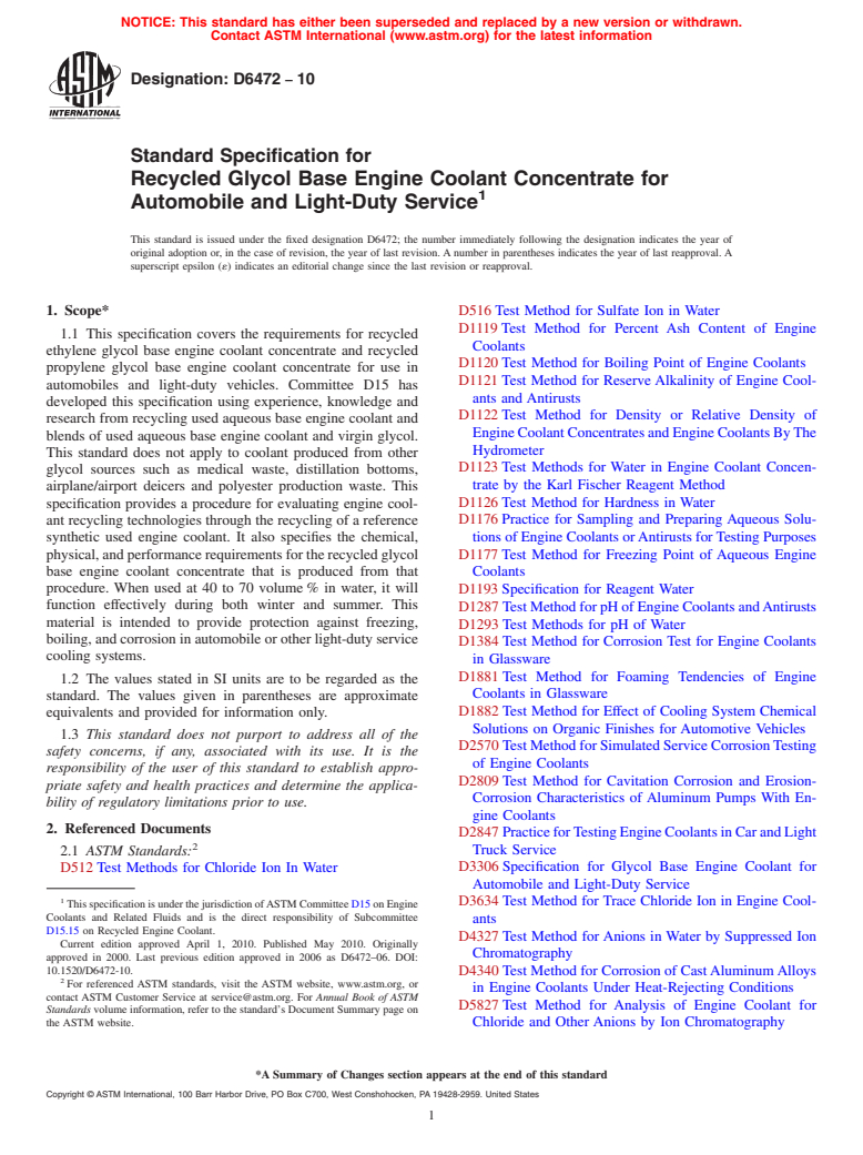 ASTM D6472-10 - Standard Specification for Recycled Glycol Base Engine Coolant Concentrate for Automobile and Light-Duty Service (Withdrawn 2019)