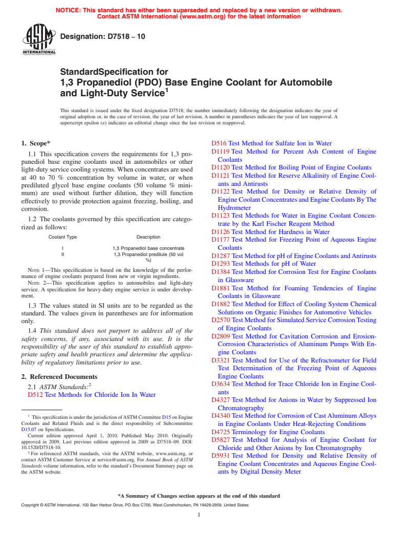 ASTM D7518-10 - Standard Specification for 1,3 Propanediol (PDO) Base Engine Coolant for Automobile and Light-Duty Service