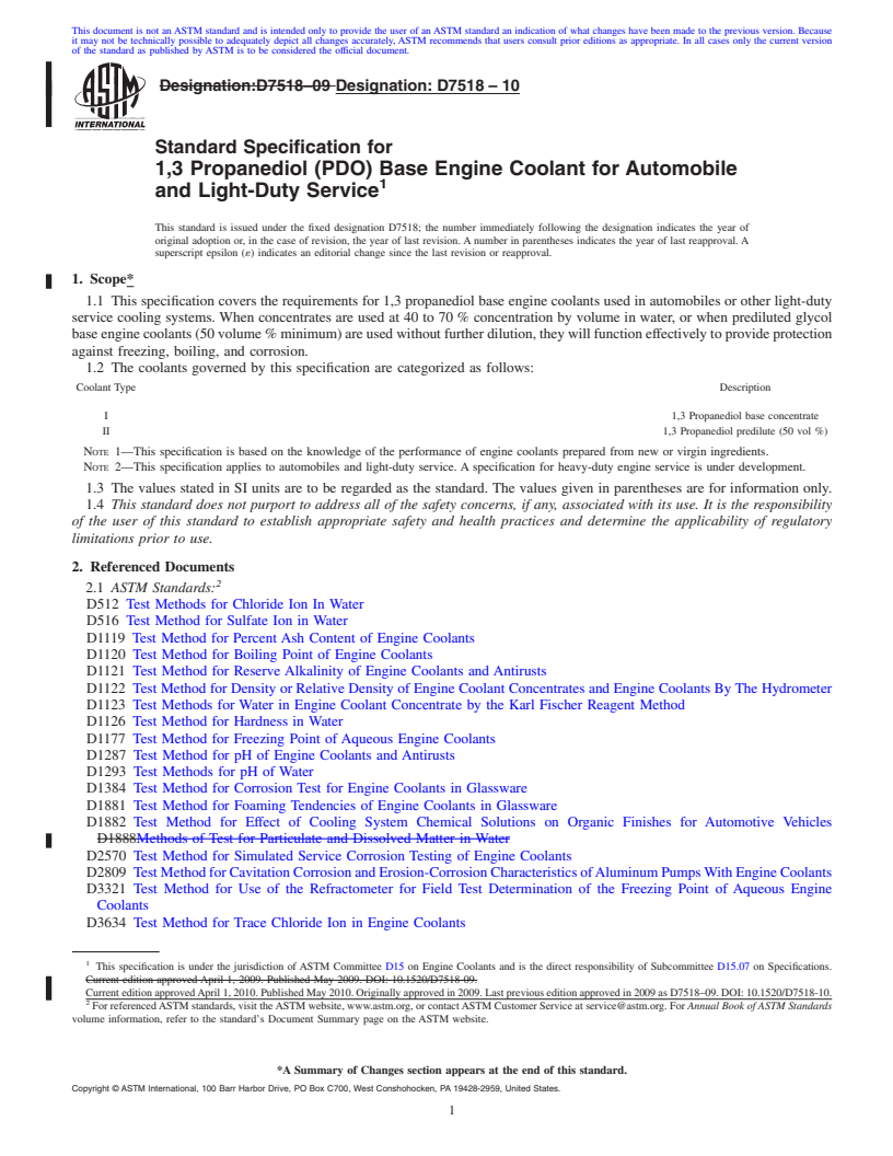 REDLINE ASTM D7518-10 - Standard Specification for 1,3 Propanediol (PDO) Base Engine Coolant for Automobile and Light-Duty Service