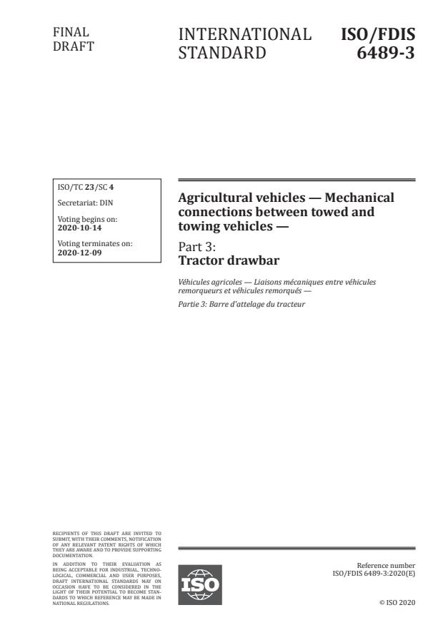 ISO/FDIS 6489-3:Version 13-okt-2020 - Agricultural vehicles -- Mechanical connections between towed and towing vehicles