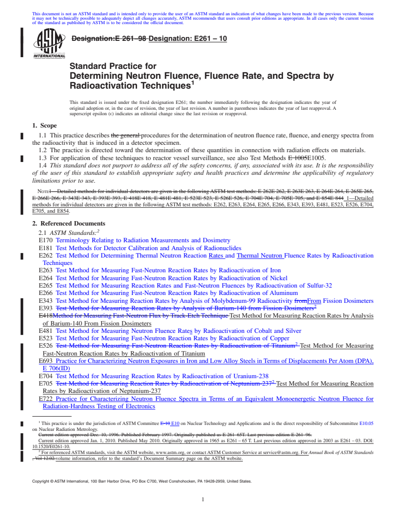 REDLINE ASTM E261-10 - Standard Practice for Determining Neutron Fluence, Fluence Rate, and Spectra by Radioactivation Techniques