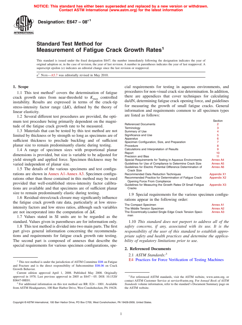 ASTM E647-08e1 - Standard Test Method for  Measurement of Fatigue Crack Growth Rates