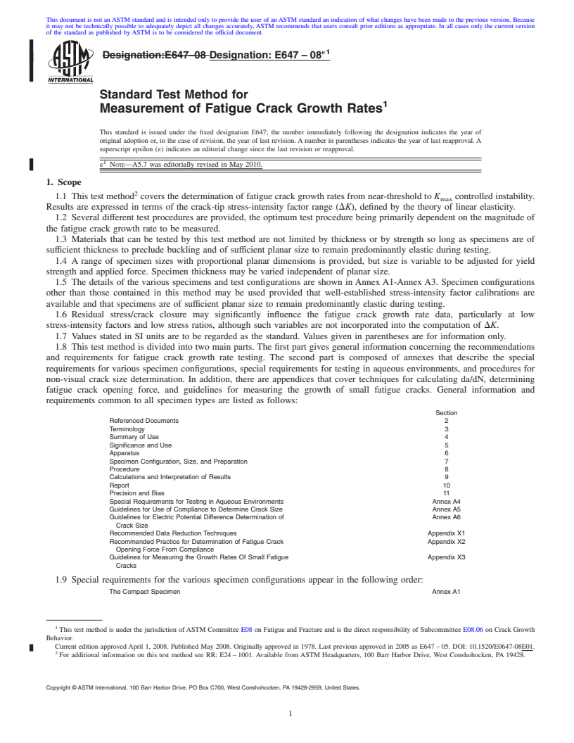 REDLINE ASTM E647-08e1 - Standard Test Method for  Measurement of Fatigue Crack Growth Rates