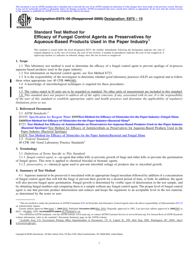 REDLINE ASTM E875-10 - Standard Test Method for Efficacy of Fungal Control Agents as Preservatives for Aqueous-Based Products Used in the Paper Industry