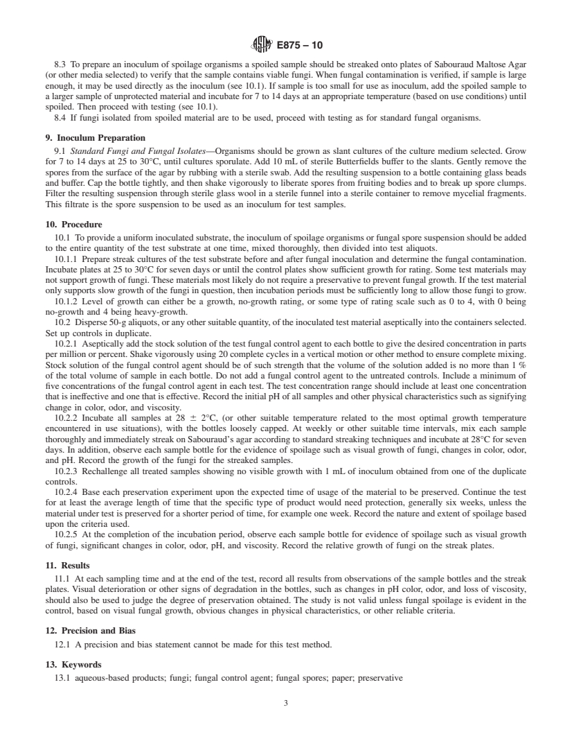 REDLINE ASTM E875-10 - Standard Test Method for Efficacy of Fungal Control Agents as Preservatives for Aqueous-Based Products Used in the Paper Industry