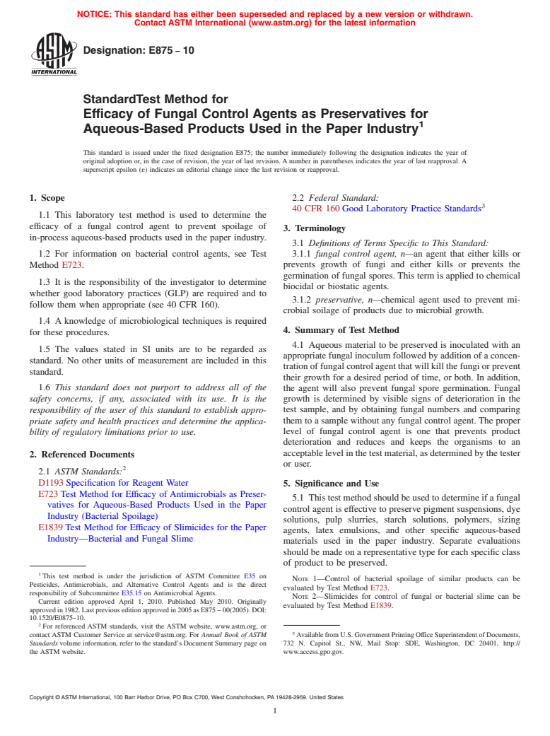 ASTM E875-10 - Standard Test Method for Efficacy of Fungal Control Agents as Preservatives for Aqueous-Based Products Used in the Paper Industry