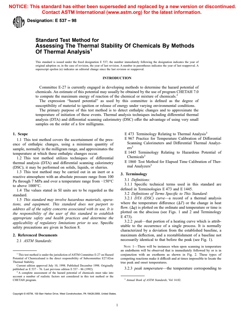 ASTM E537-98 - Standard Test Method for Assessing the Thermal Stability of Chemicals By Methods of Thermal Analysis