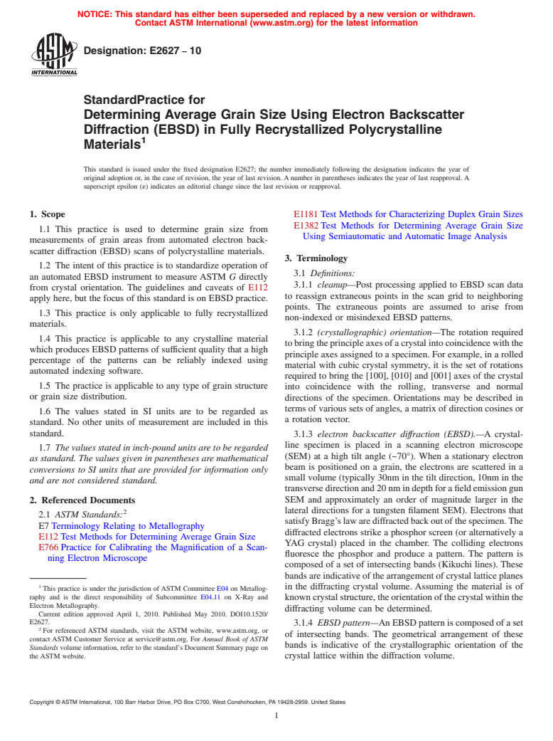 ASTM E2627-10 - Standard Practice for Determining Average Grain Size Using Electron Backscatter Diffraction (EBSD) in Fully Recrystallized Polycrystalline Materials