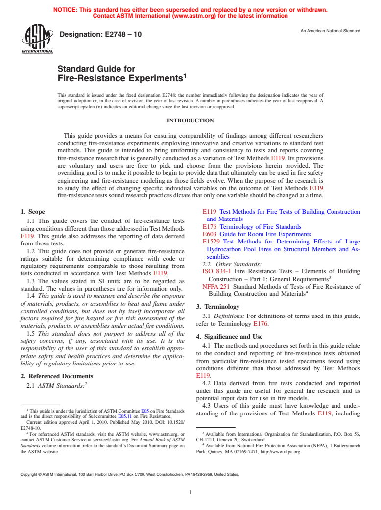 ASTM E2748-10 - Standard Guide for Fire-Resistance Experiments