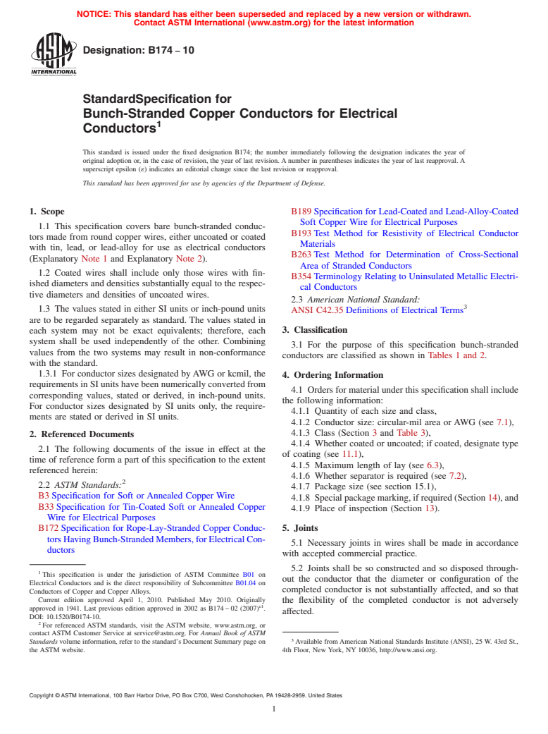 ASTM B174-10 - Standard Specification for Bunch-Stranded Copper Conductors for Electrical Conductors