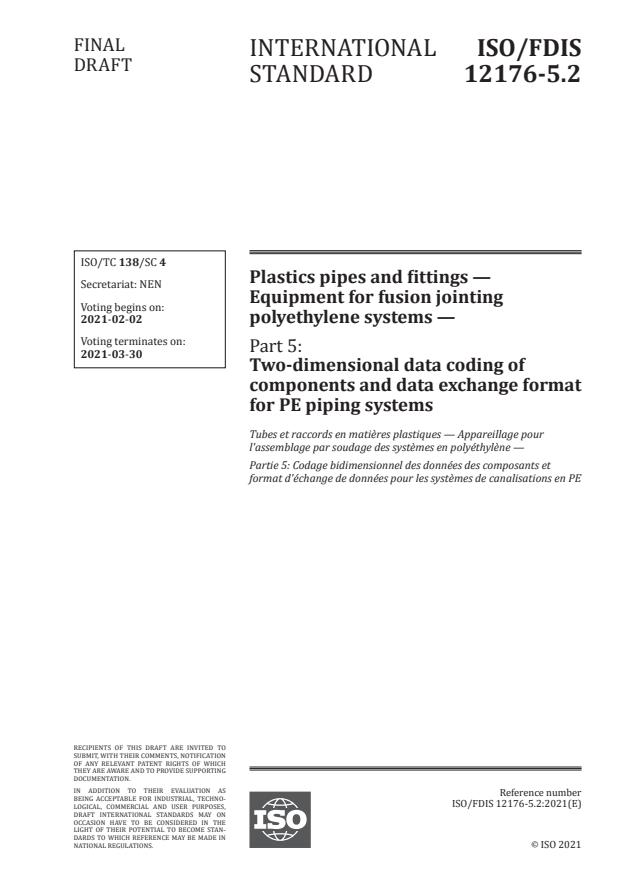 ISO/FDIS 12176-5.2:Version 12-feb-2021 - Plastics pipes and fittings -- Equipment for fusion jointing polyethylene systems