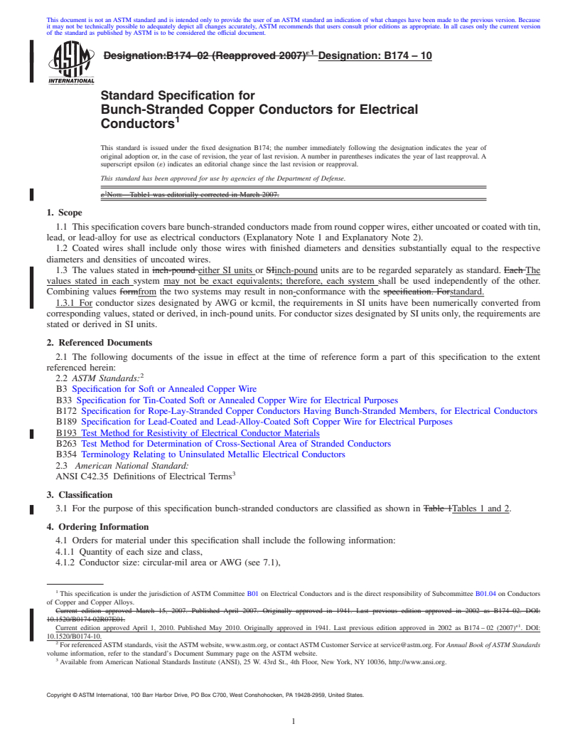 REDLINE ASTM B174-10 - Standard Specification for Bunch-Stranded Copper Conductors for Electrical Conductors