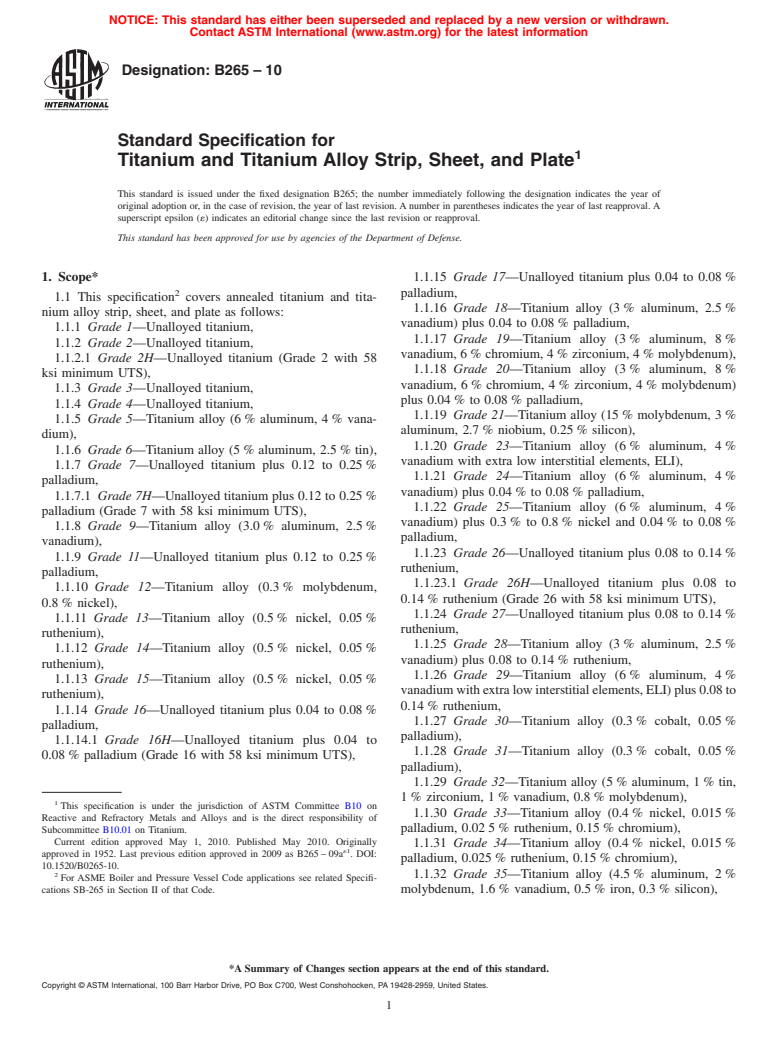 ASTM B265-10 - Standard Specification for  Titanium and Titanium Alloy Strip, Sheet, and Plate