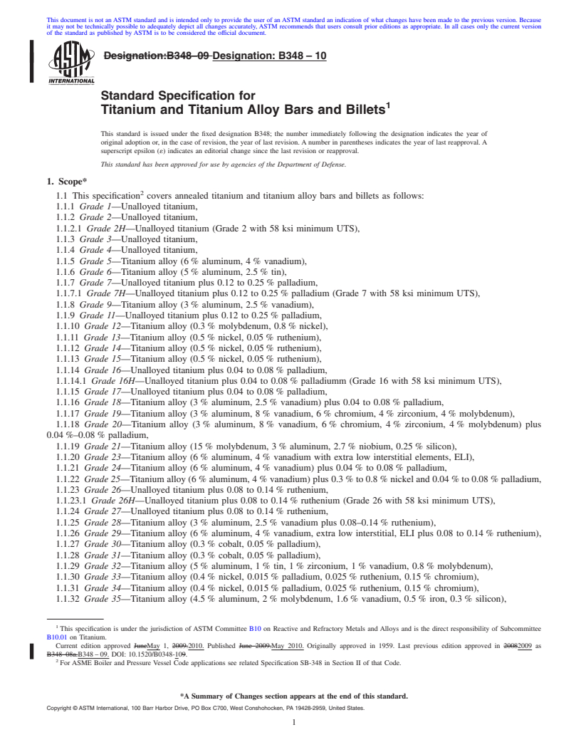 REDLINE ASTM B348-10 - Standard Specification for  Titanium and Titanium Alloy Bars and Billets