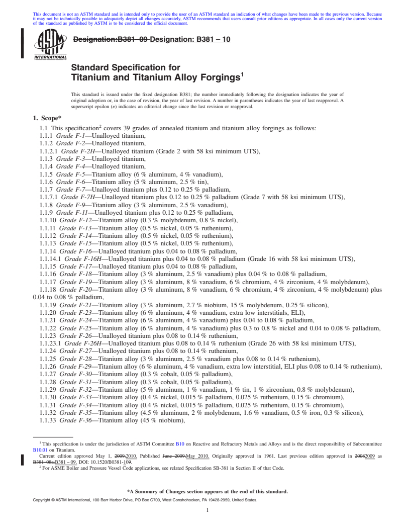 REDLINE ASTM B381-10 - Standard Specification for  Titanium and Titanium Alloy Forgings