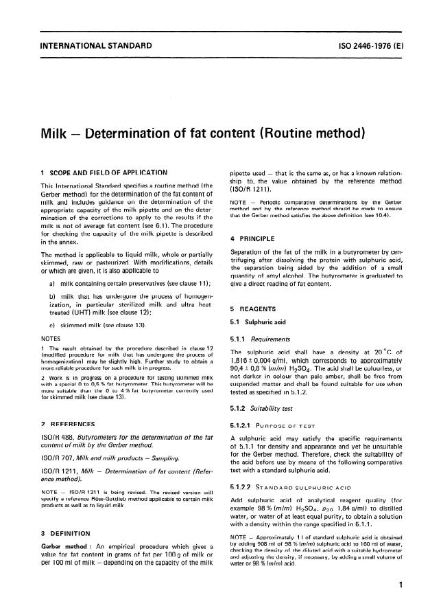 ISO 2446:1976 - Milk -- Determination of fat content (Routine method)