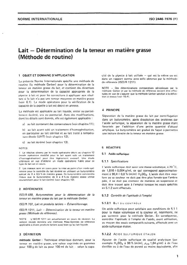 ISO 2446:1976 - Lait -- Détermination de la teneur en matiere grasse (Méthode de routine)