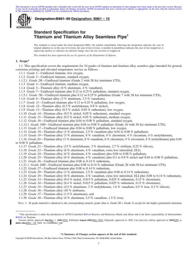 REDLINE ASTM B861-10 - Standard Specification for Titanium and Titanium Alloy Seamless Pipe
