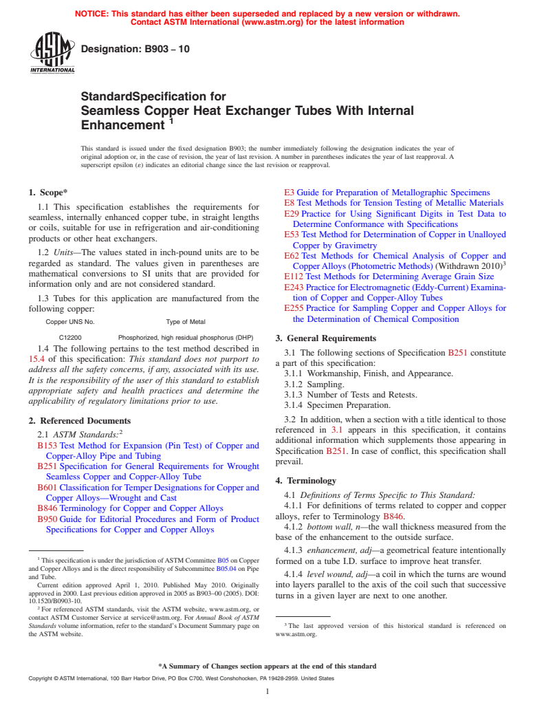 ASTM B903-10 - Standard Specification for Seamless Copper Heat Exchanger Tubes With Internal Enhancement
