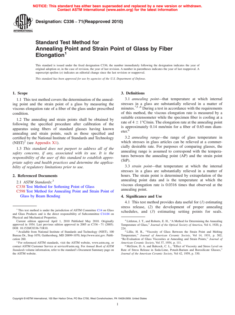 ASTM C336-71(2010) - Standard Test Method for Annealing Point and Strain Point of Glass by Fiber Elongation