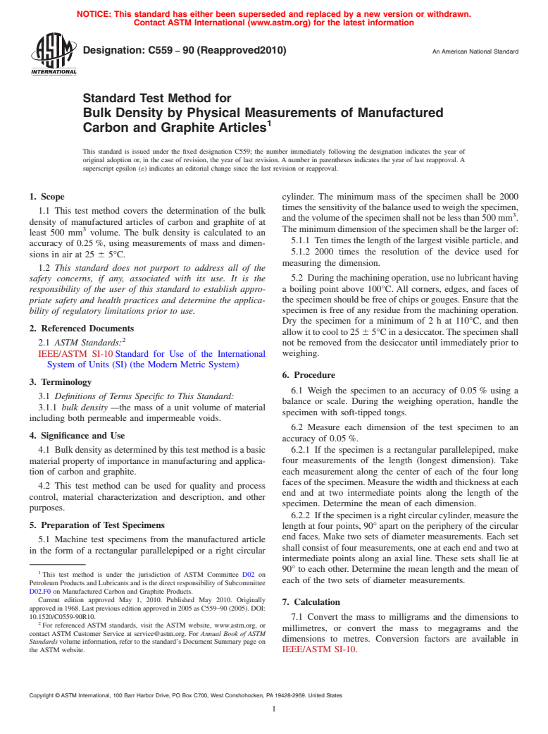 ASTM C559-90(2010) - Standard Test Method for Bulk Density by Physical Measurements of Manufactured Carbon and Graphite Articles