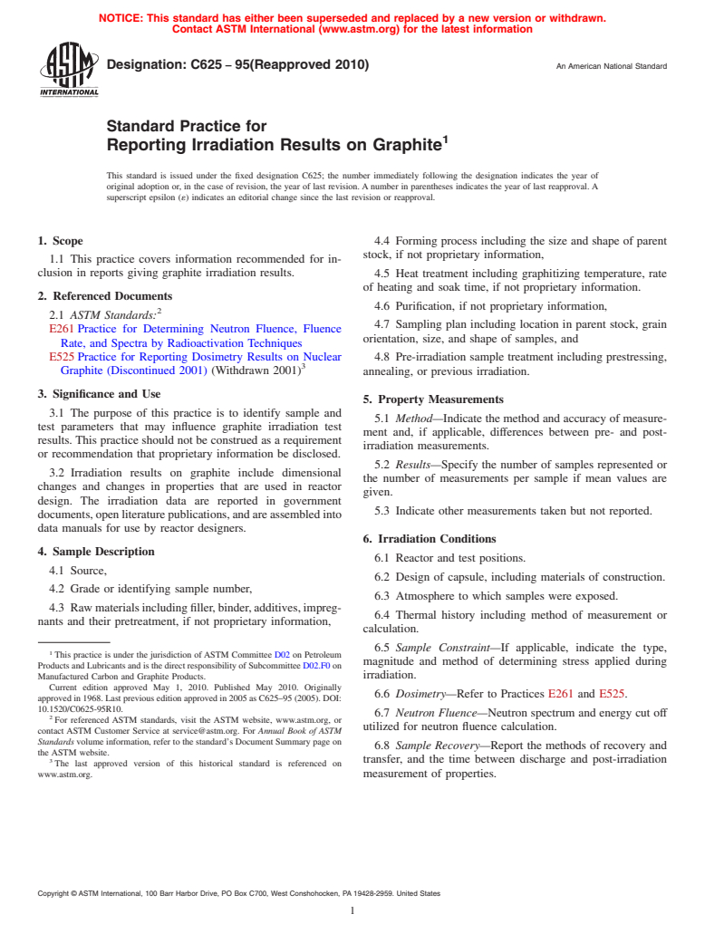 ASTM C625-95(2010) - Standard Practice for Reporting Irradiation Results on Graphite