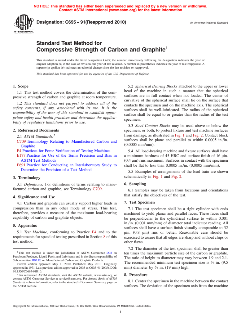 ASTM C695-91(2010) - Standard Test Method for Compressive Strength of Carbon and Graphite