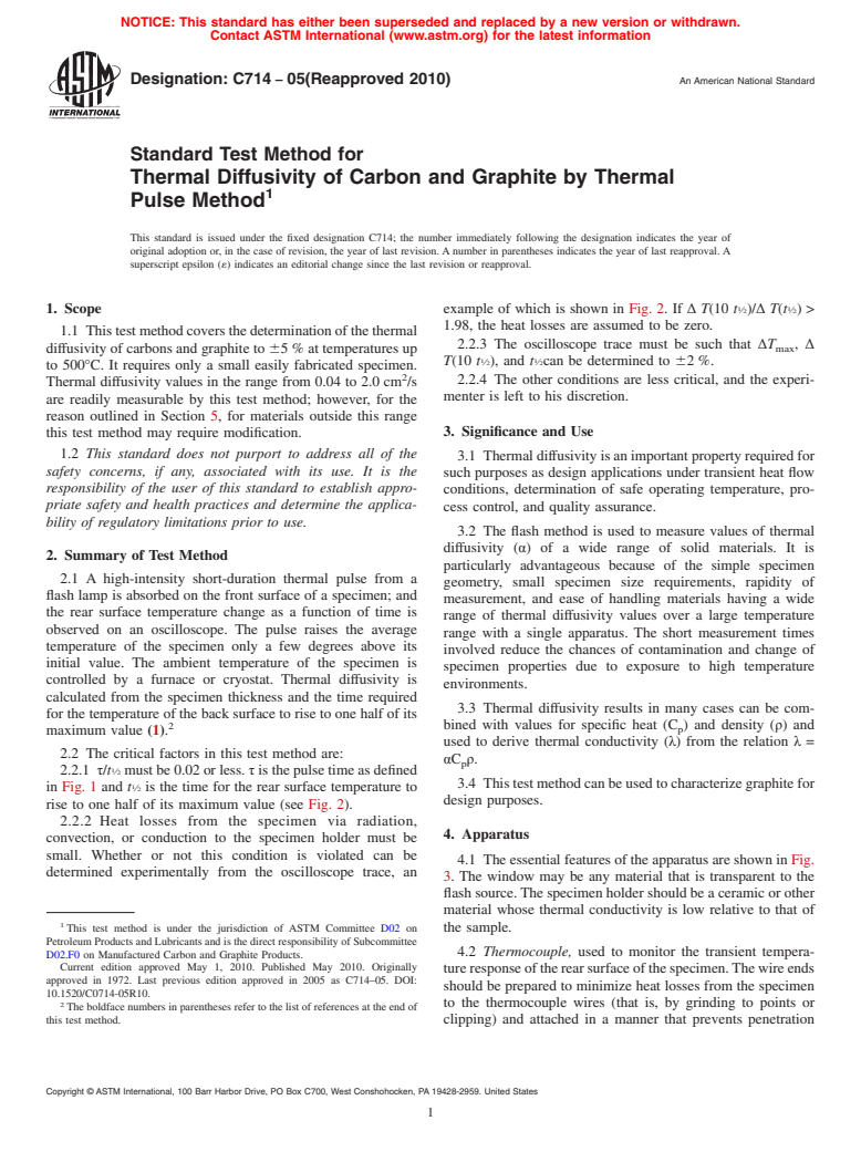 ASTM C714-05(2010) - Standard Test Method for Thermal Diffusivity of Carbon and Graphite by Thermal Pulse Method