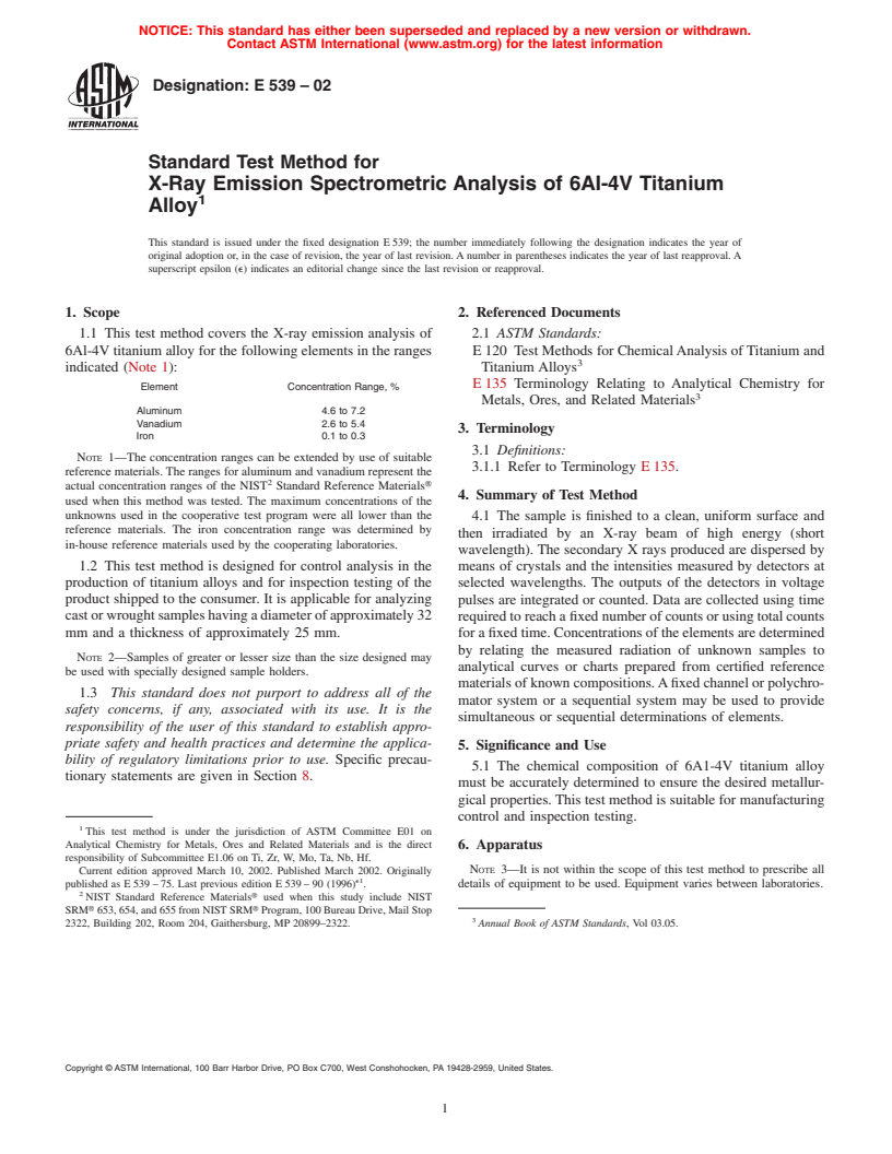 ASTM E539-02 - Standard Test Method for X-Ray Emission Spectrometric Analysis of 6AI-4V Titanium Alloy