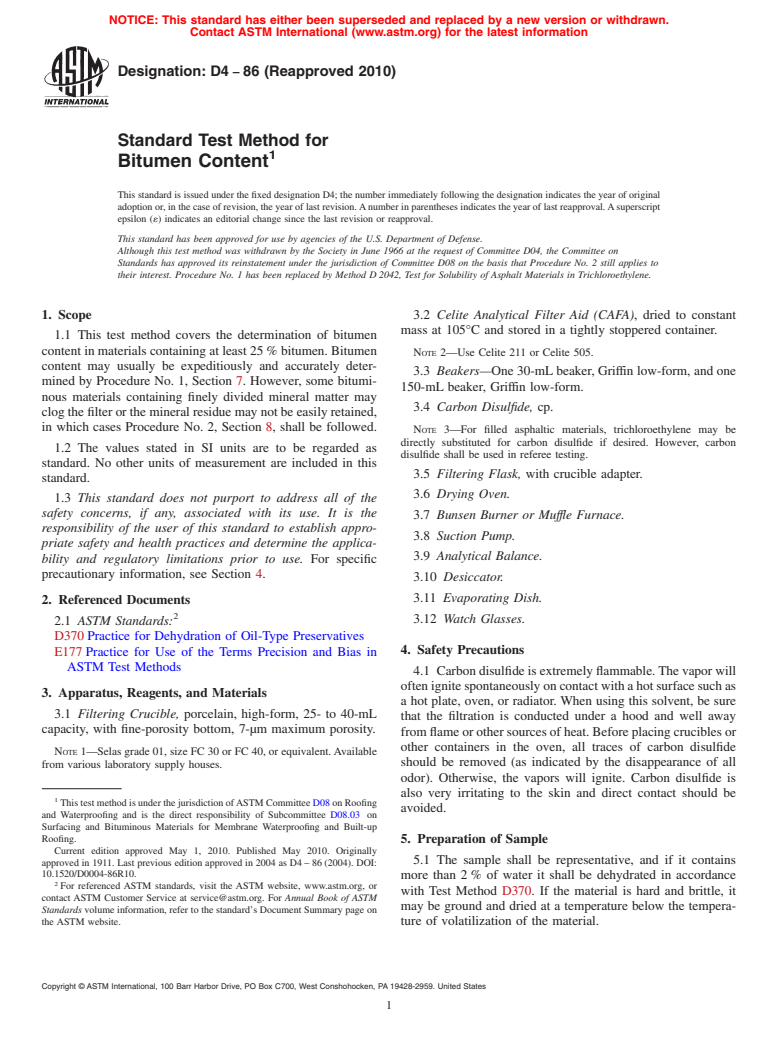 ASTM D4-86(2010) - Standard Test Method for Bitumen Content