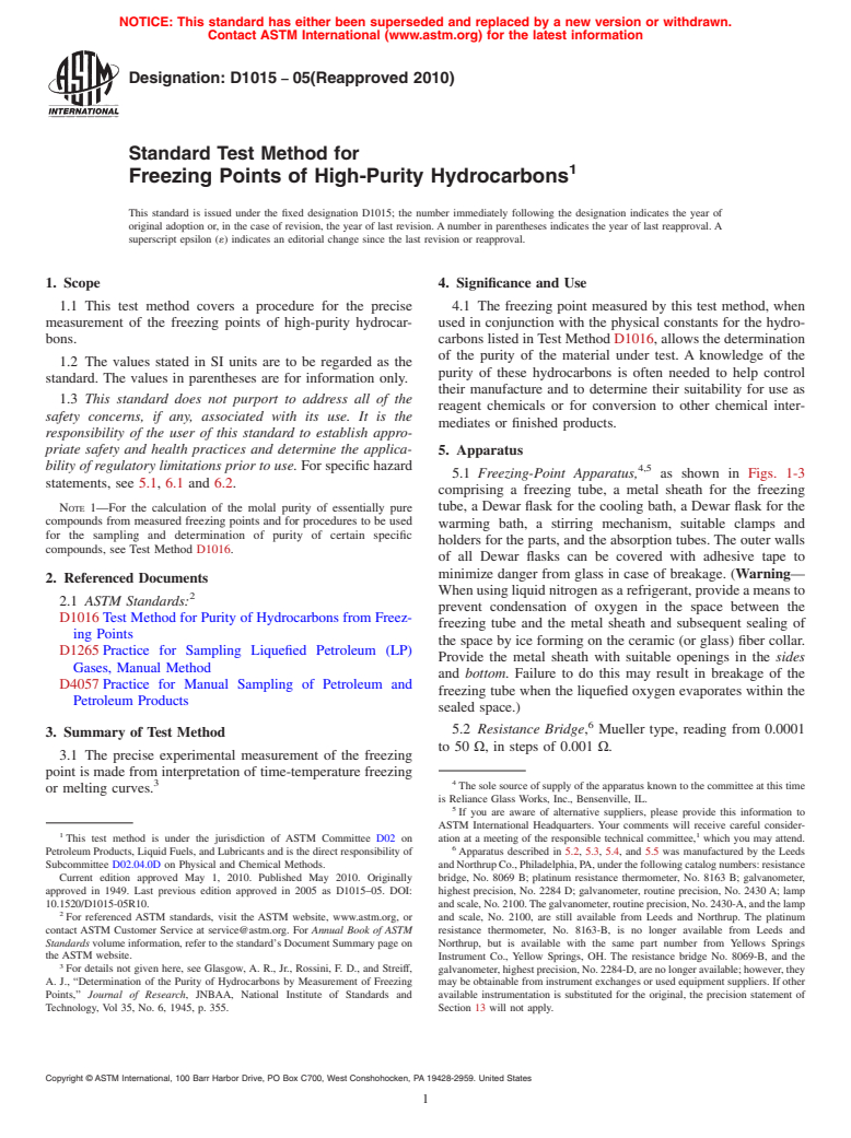 ASTM D1015-05(2010) - Standard Test Method for Freezing Points of High-Purity Hydrocarbons