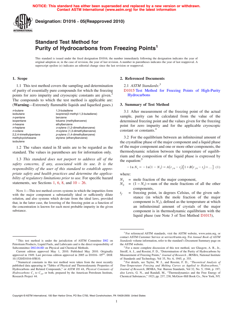 ASTM D1016-05(2010) - Standard Test Method for Purity of Hydrocarbons from Freezing Points