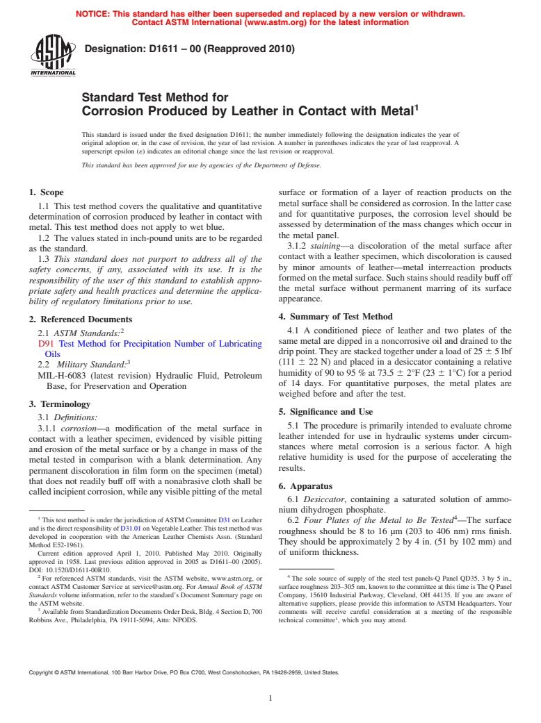 ASTM D1611-00(2010) - Standard Test Method for Corrosion Produced by Leather in Contact with Metal