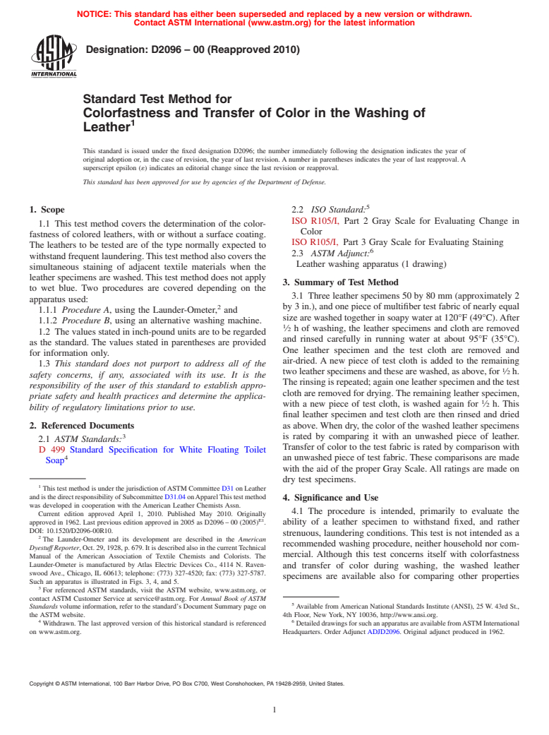 ASTM D2096-00(2010) - Standard Test Method for Colorfastness and Transfer of Color in the Washing of Leather