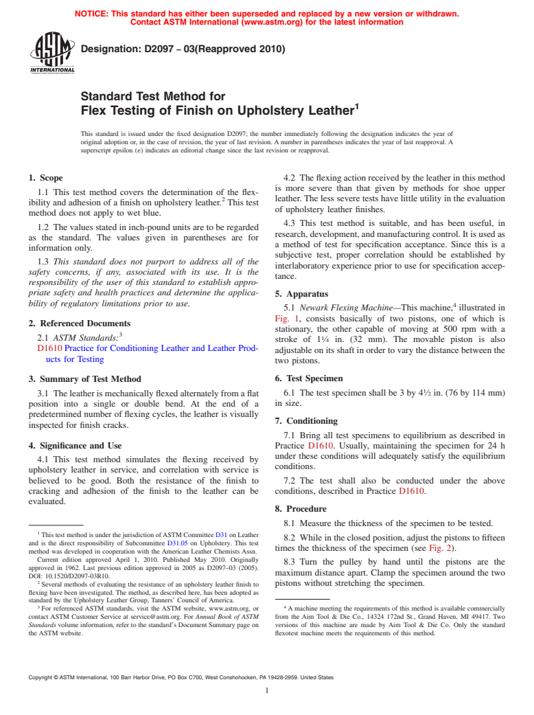 ASTM D2097-03(2010) - Standard Test Method for Flex Testing of Finish on Upholstery Leather