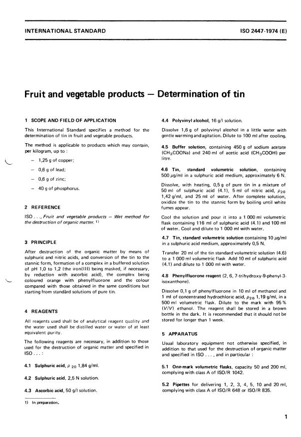 ISO 2447:1974 - Fruit and vegetable products -- Determination of tin