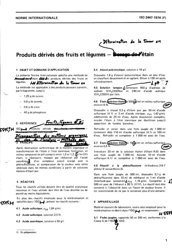 ISO 2447:1974 - Produits dérivés des fruits et légumes -- Dosage de l'étain
