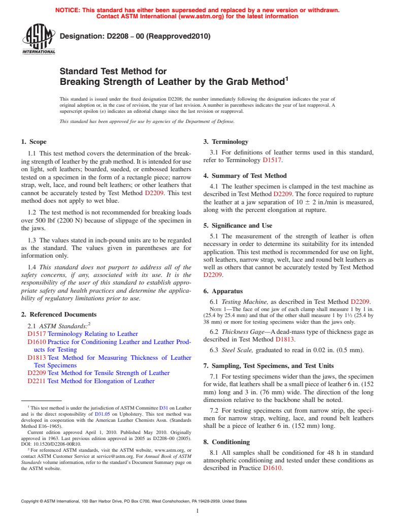 ASTM D2208-00(2010) - Standard Test Method for Breaking Strength of Leather by the Grab Method