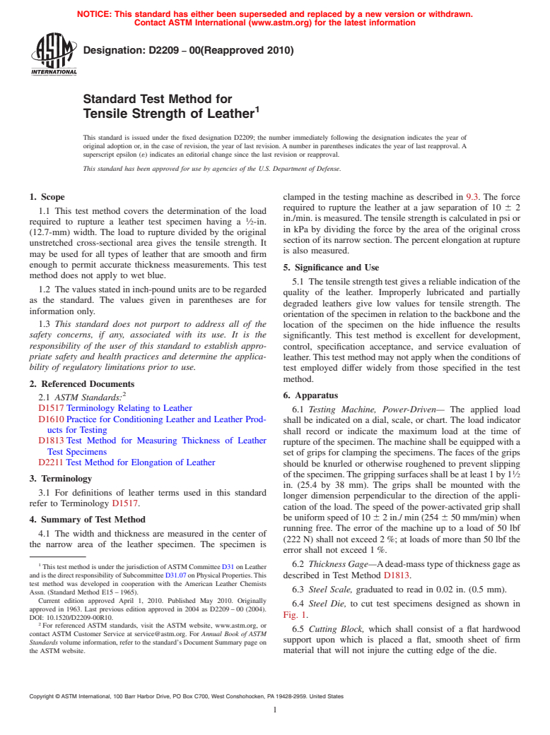 ASTM D2209-00(2010) - Standard Test Method for Tensile Strength of Leather
