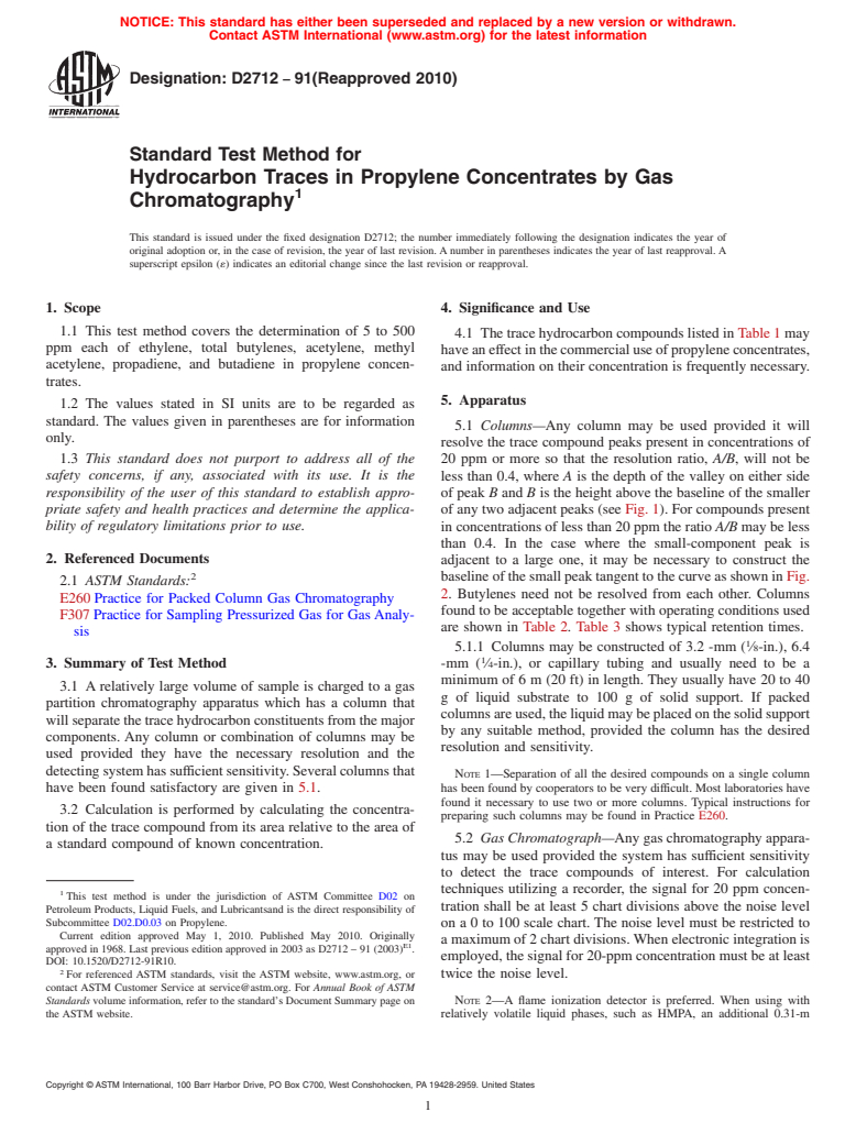 ASTM D2712-91(2010) - Standard Test Method for Hydrocarbon Traces in Propylene Concentrates By Gas Chromatography