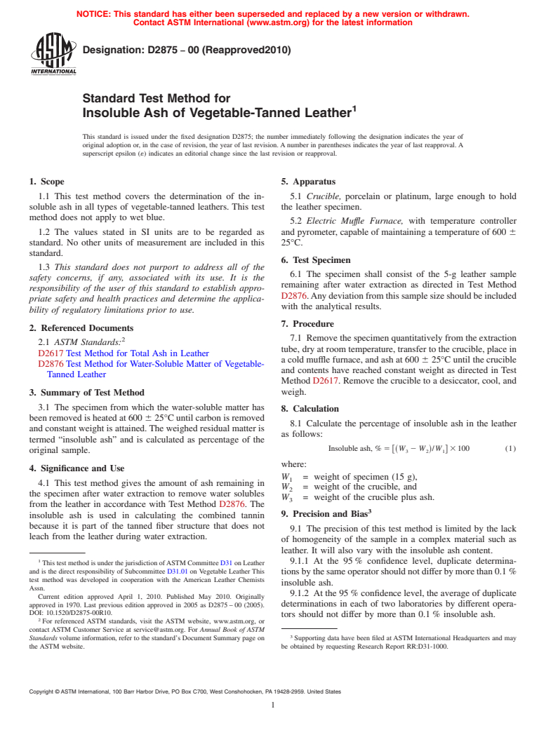 ASTM D2875-00(2010) - Standard Test Method for Insoluble Ash of Vegetable-Tanned Leather