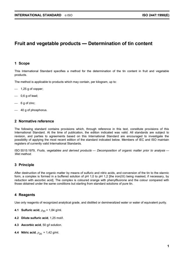 ISO 2447:1998 - Fruit and vegetable products -- Determination of tin content